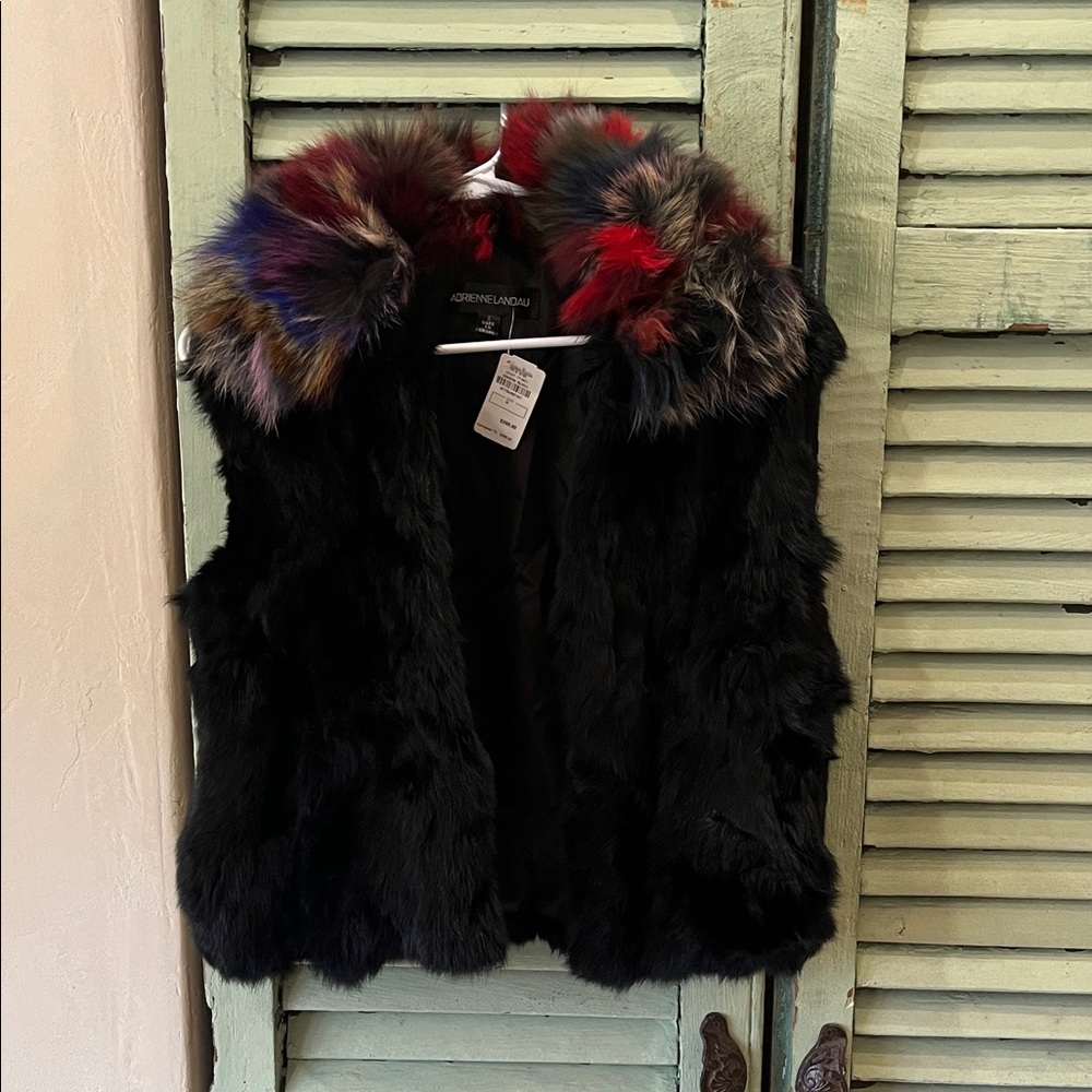 Adrienne Landau Black Rabbit fur Vest with Colorful Fur Collar. NEW with tags